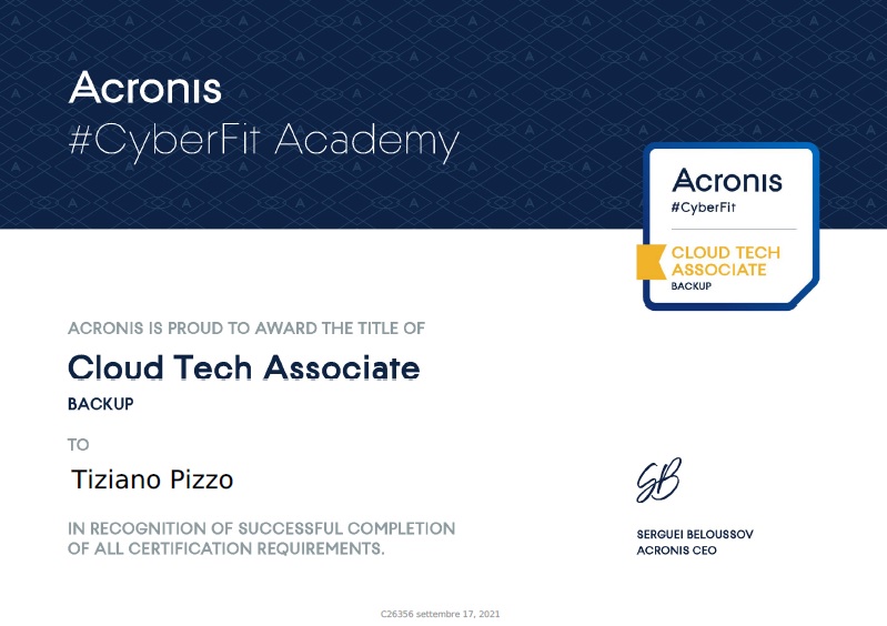 Ventunocento Srl Certificazione Acronis Cloud Tech